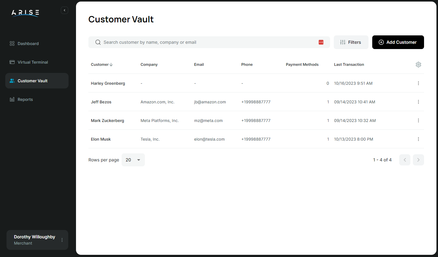 Arise customer vault